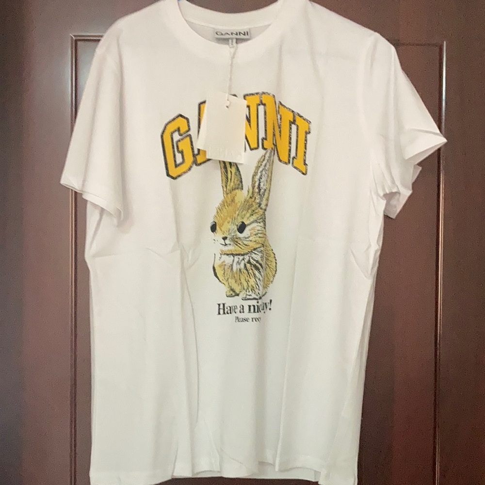 Ganni White Tee with Yellow and Brown Graphic